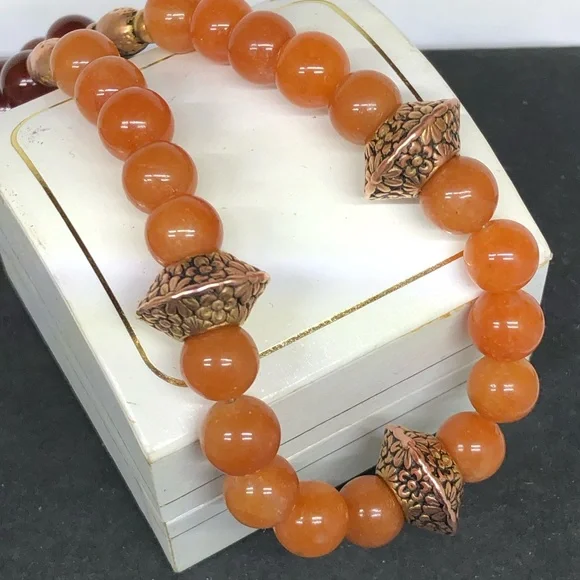🔴SOLD🔴Graduating Antique Gold Garnet Orange Aventurine Boho Necklace by JM - Picture 8 of 11